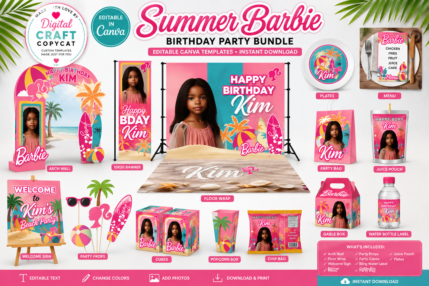 Summer Barbie Birthday Party Bundle Canva Templates | Editable Pink Tropical Party Decorations Digital Download