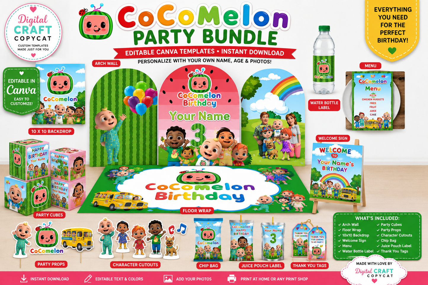 CocoMelon Birthday Party Bundle Canva Templates | Editable Kids Party Decorations Digital Download