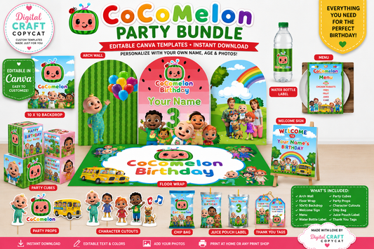 CocoMelon Birthday Party Bundle Canva Templates | Editable Kids Party Decorations Digital Download
