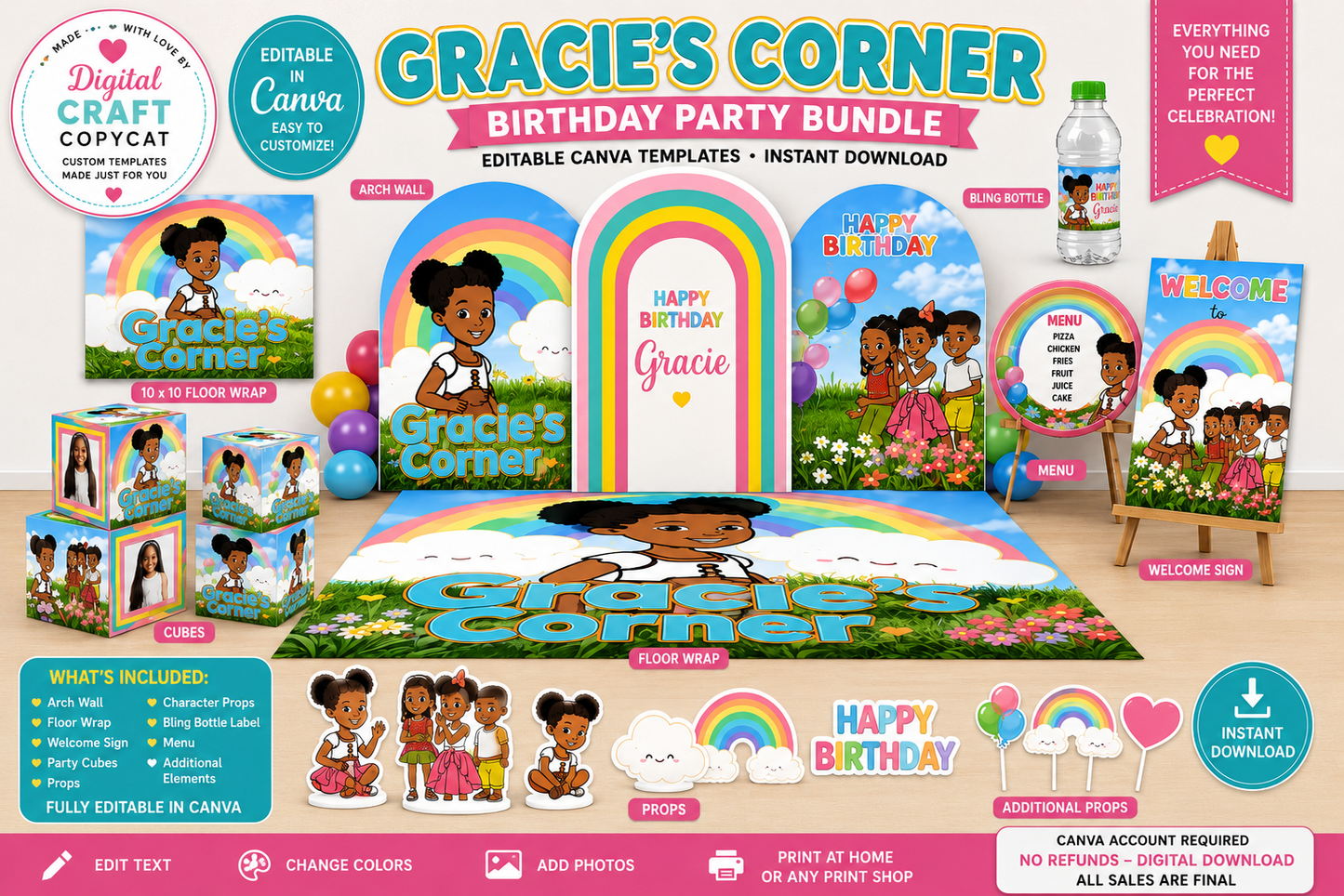Gracie’s Corner Birthday Party Bundle Canva Template | Editable Party Decorations Bundle | Arch Wall, Floor Wrap, Props & More