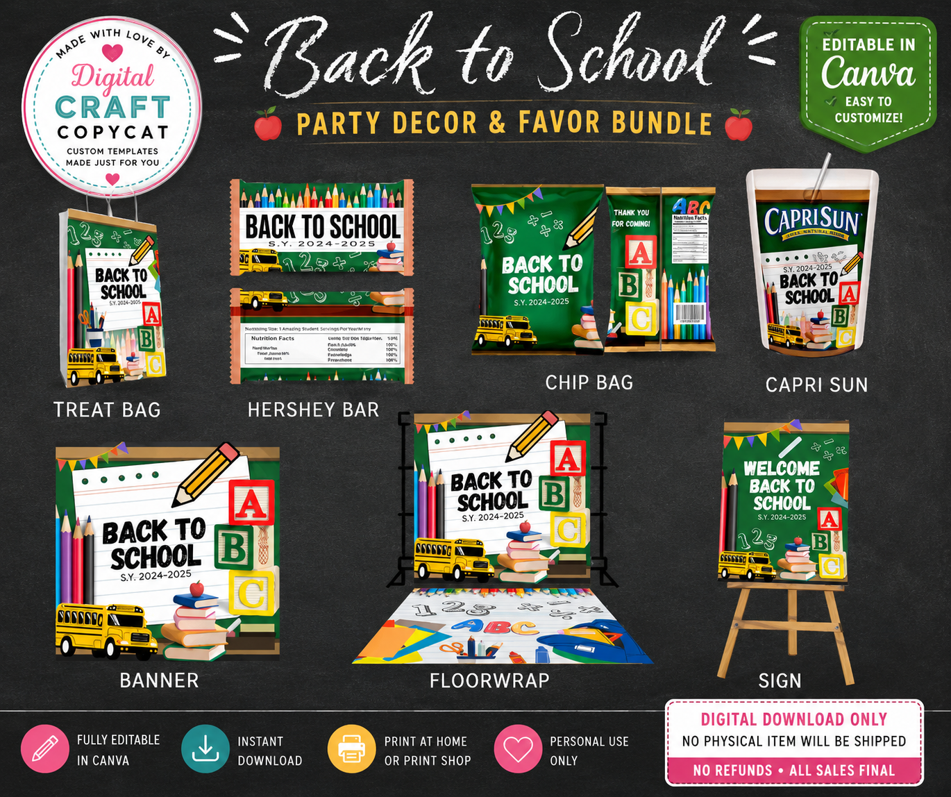 Back to School Party Decor & Favor Bundle Canva Templates | Editable School Celebration Digital Download