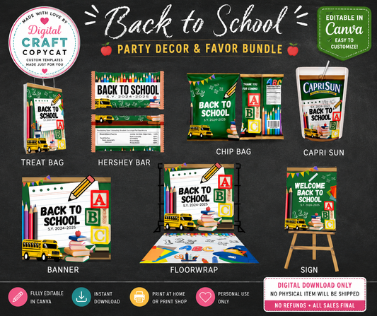 Back to School Party Decor & Favor Bundle Canva Templates | Editable School Celebration Digital Download